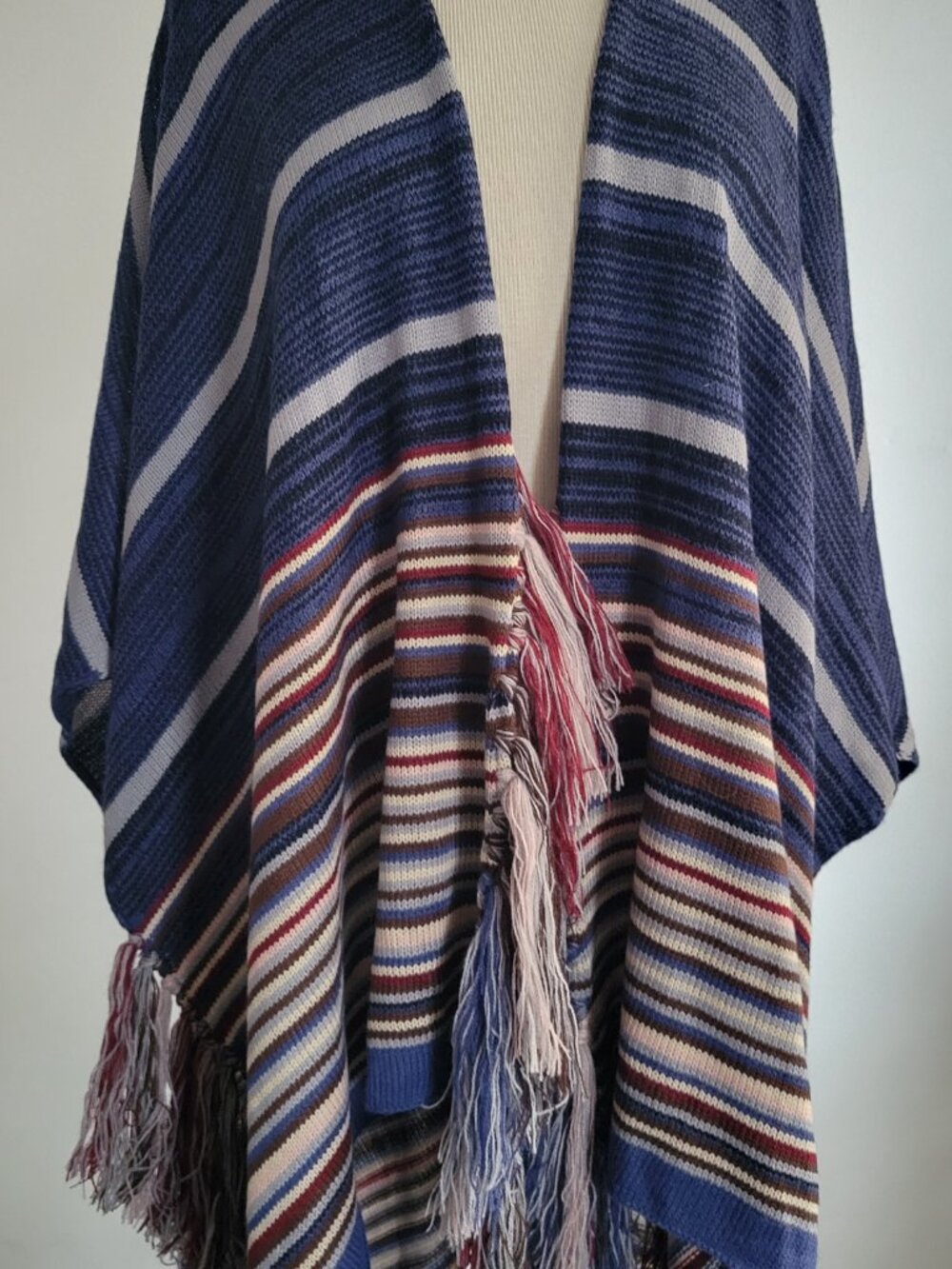 Modena Blue & Red Striped Knit Shawl Poncho | One Size | NWOT - Picture 14 of 16
